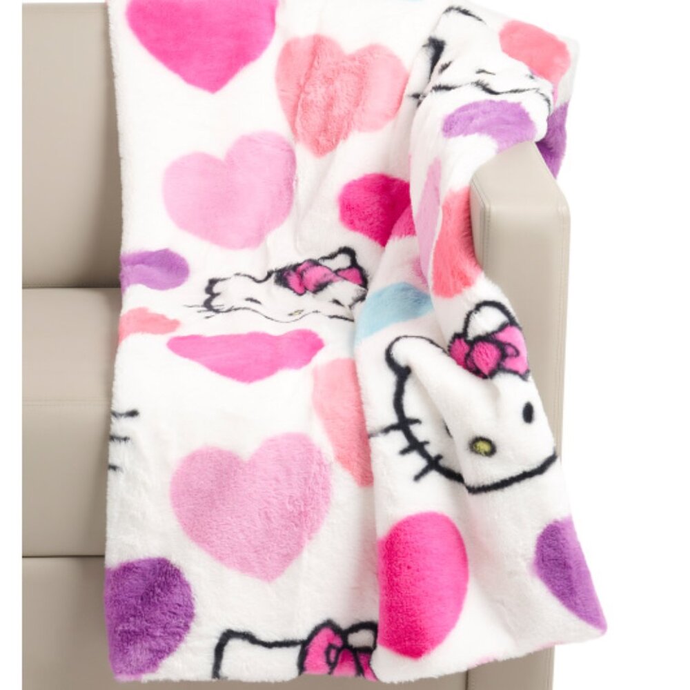 Hello Kitty Lots of Hearts Faux Fur Throw Blanket One Size